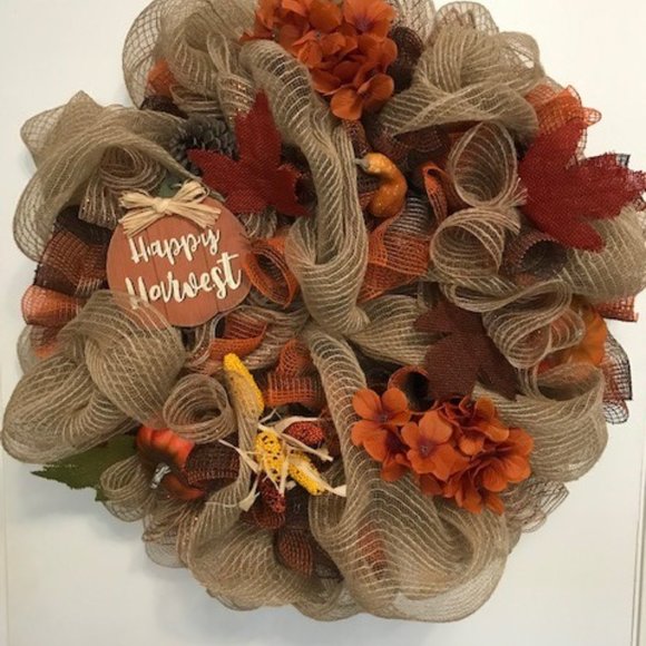 Hand Crafted by Barbara Other - Handcrafted Fall Happy Harvest Mesh Wreath